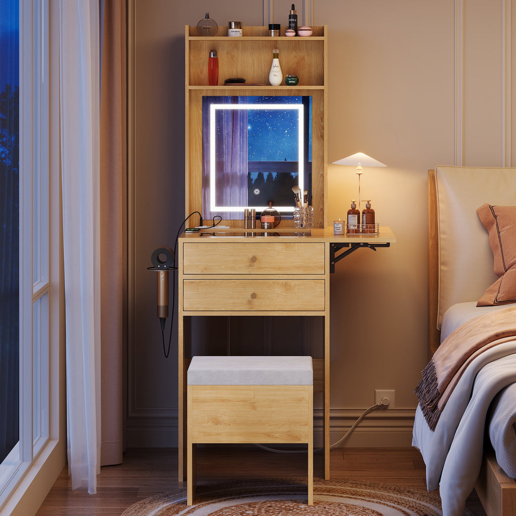 GALAXHERO Vanity Desk with Lighted Mirror and Glass Top, Makeup Vanity Chair with Storage, Fold-up Panel, 2 Drawers Dressing Table for Bedroom