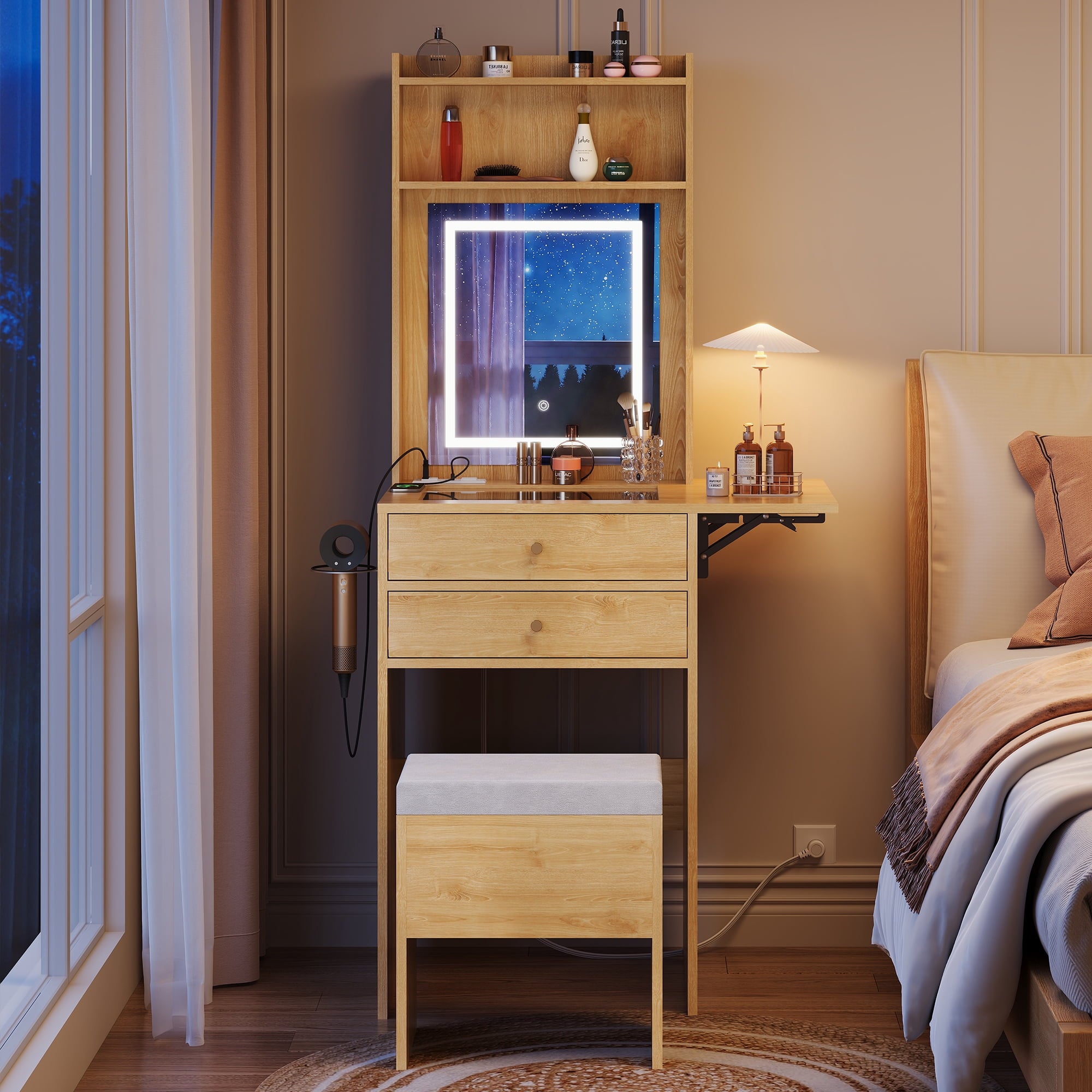 GALAXHERO Vanity Desk with Lighted Mirror and Glass Top, Makeup Vanity Chair with Storage, Fold-up Panel, 2 Drawers Dressing Table for Bedroom
