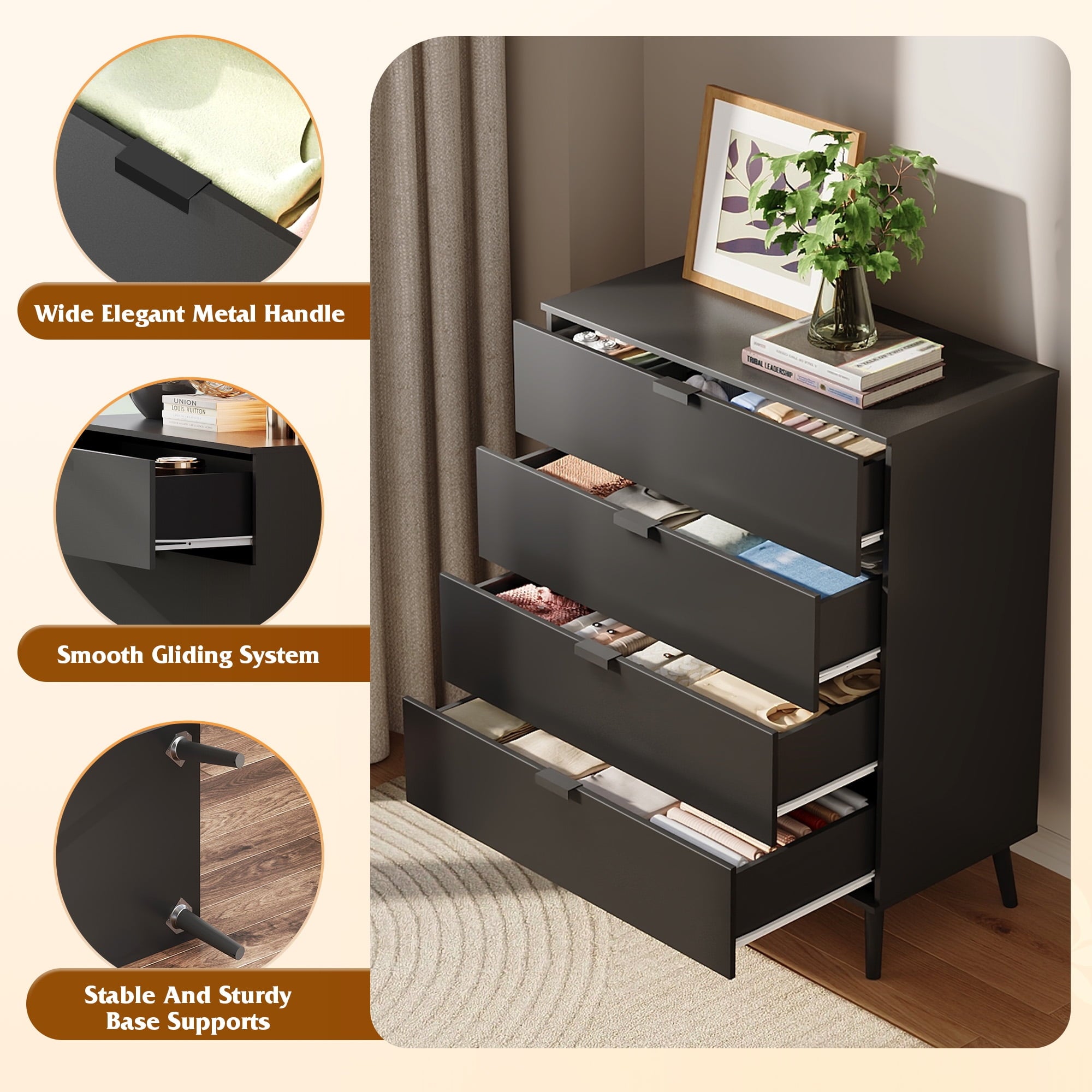 GALAXHERO 4 Drawer Dresser for Bedroom, Wood Chest of Drawers, Organizer Unit with Metal Handle for Living Room, Closet, Hallway
