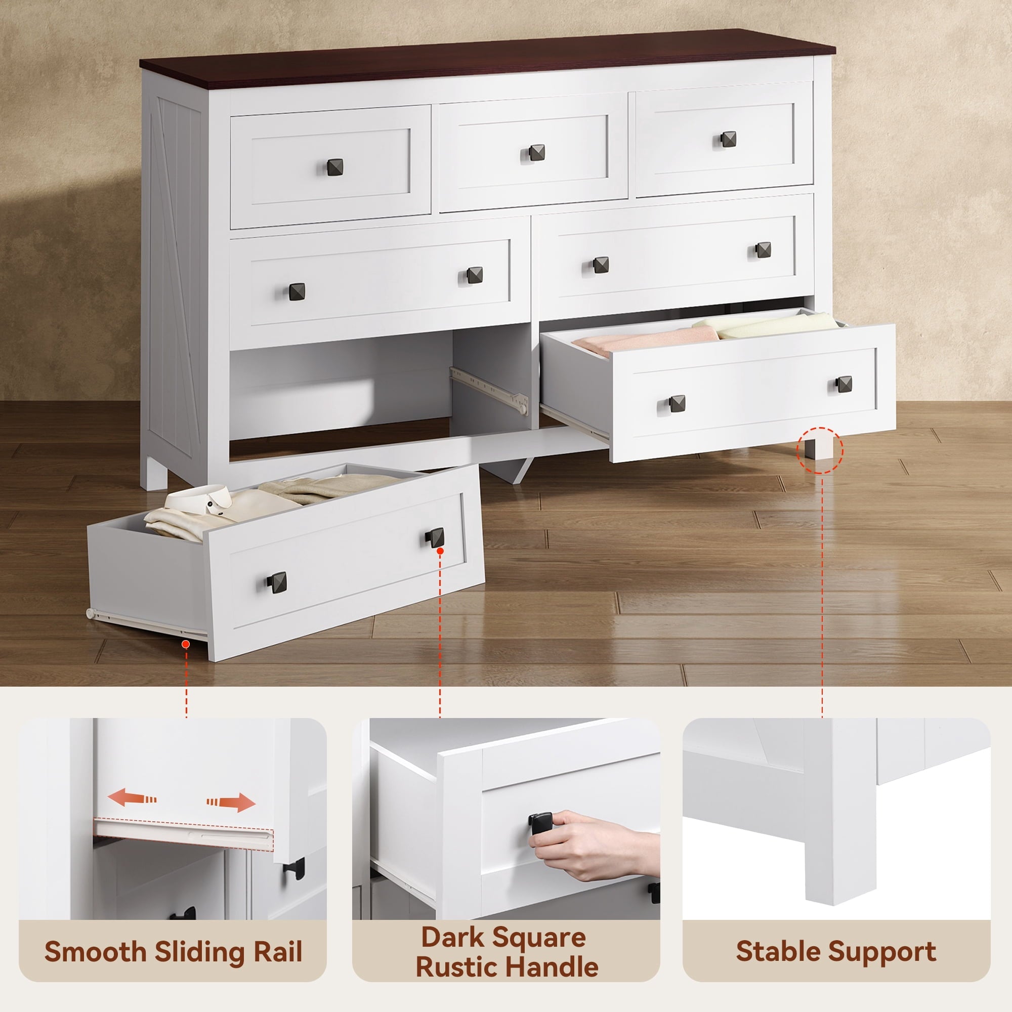 GALAXHERO Farmhouse Dresser for Bedroom, 51.18'' Wide 7 Drawer Wood Dresser, TV Stand for 65 inch TV, Wooden Chest of Drawers for Bedroom, Modern Clothes Organizer for Living Room, Hallway