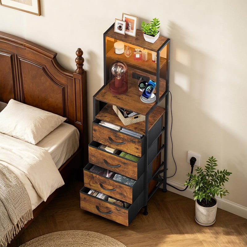 GALAXHERO Dresser for Bedroom, 4 Drawer Nightstand with Charging Station,Tall Bedside Table with LED & Open Shelf,End Table with Storage,