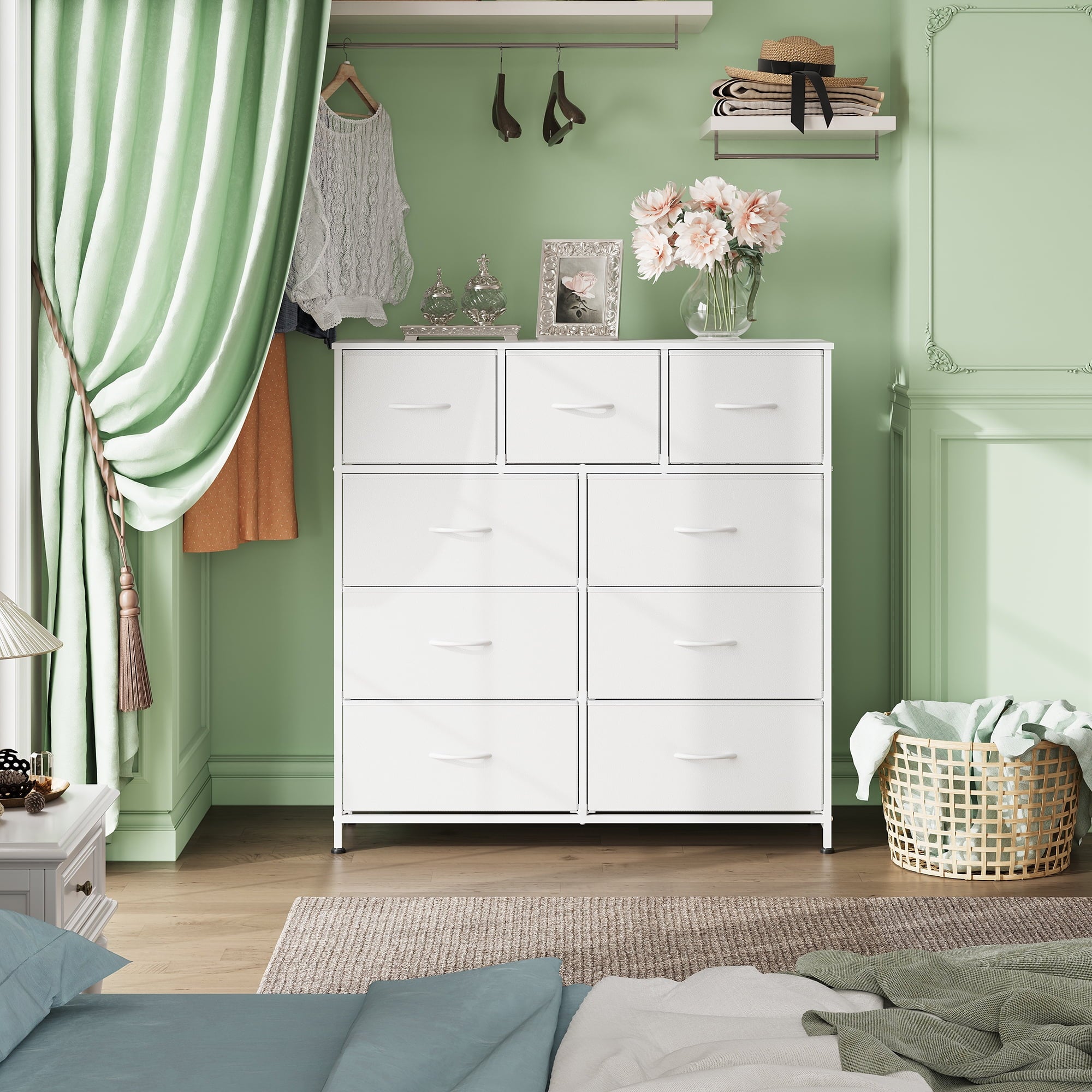 GALAXHERO 9-Drawer Fabric Dresser, Tall Storage Tower for Bedroom, Hallway, Entryway, Closet, Chest Organizer Unit with Fabric Bins, Steel Frame, Wood Top, Easy Pull Handle, White