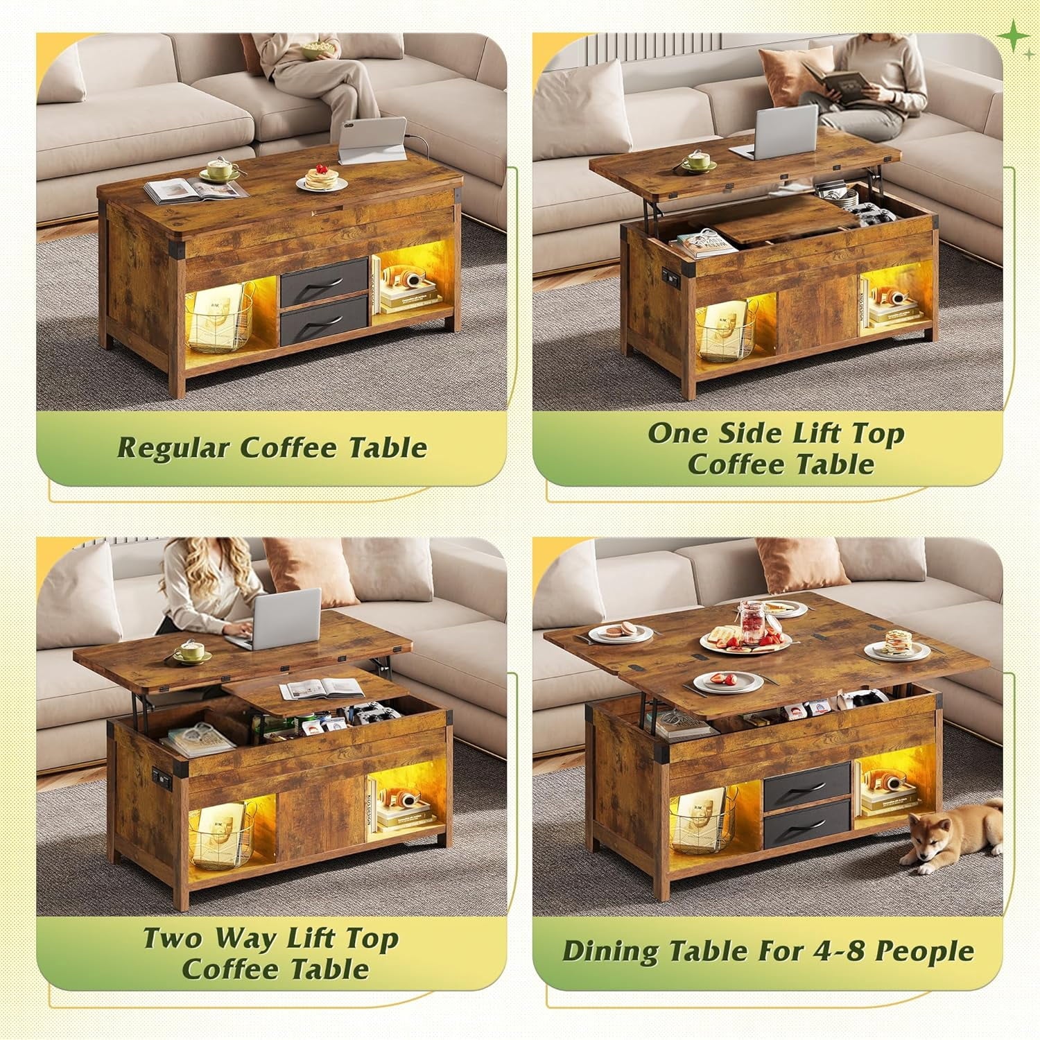 GALAXHERO 40" Lift Top Coffee Table with Storage, 4 in 1 Coffee Tables with 2 Fabric Drawers LED Light and USB, Modern Coffee Table with Hidden Compartment for Living Room, Dining Room
