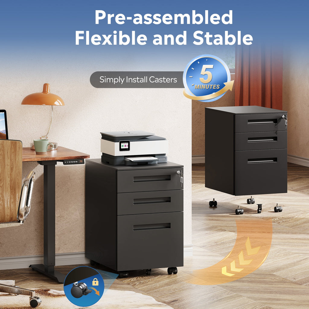 GALAXHERO 3-Drawer Mobile File Cabinet (Under Office Desk), Assembled Except Casters, Fits Letter/Standard Sizes
