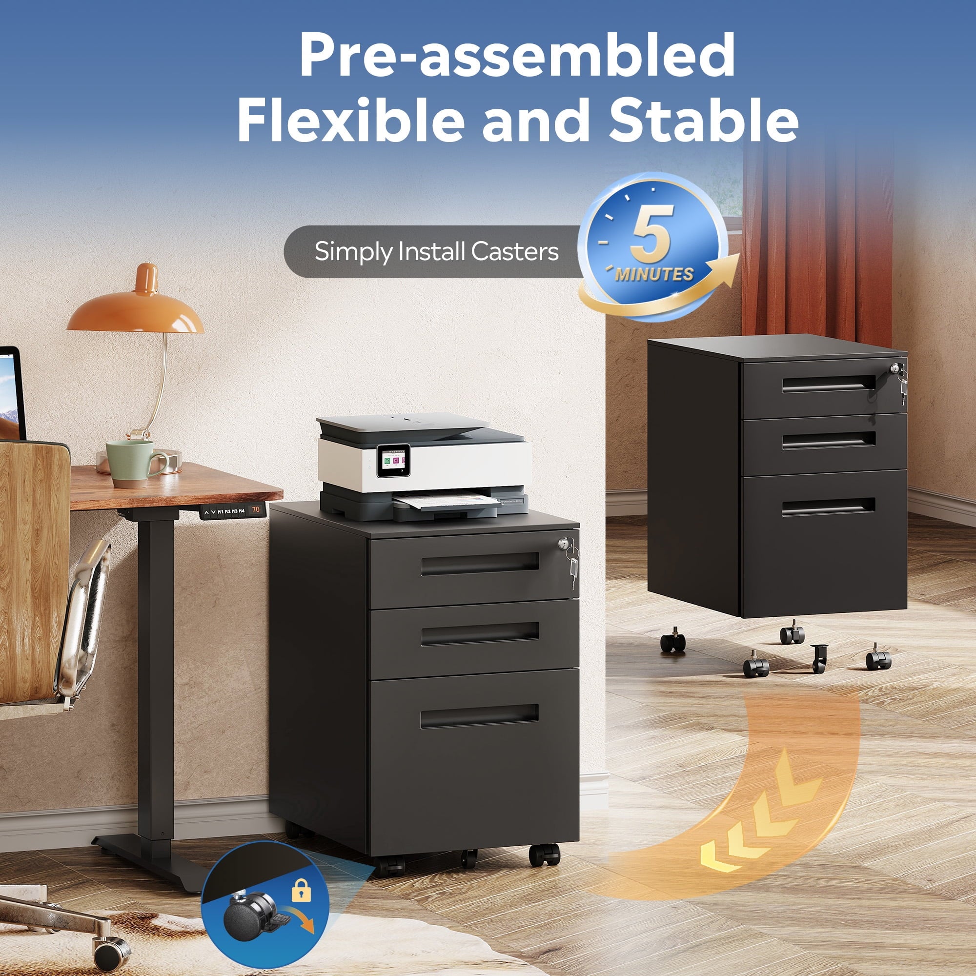 GALAXHERO 3-Drawer Mobile File Cabinet (Under Office Desk), Assembled Except Casters, Fits Letter/Standard Sizes