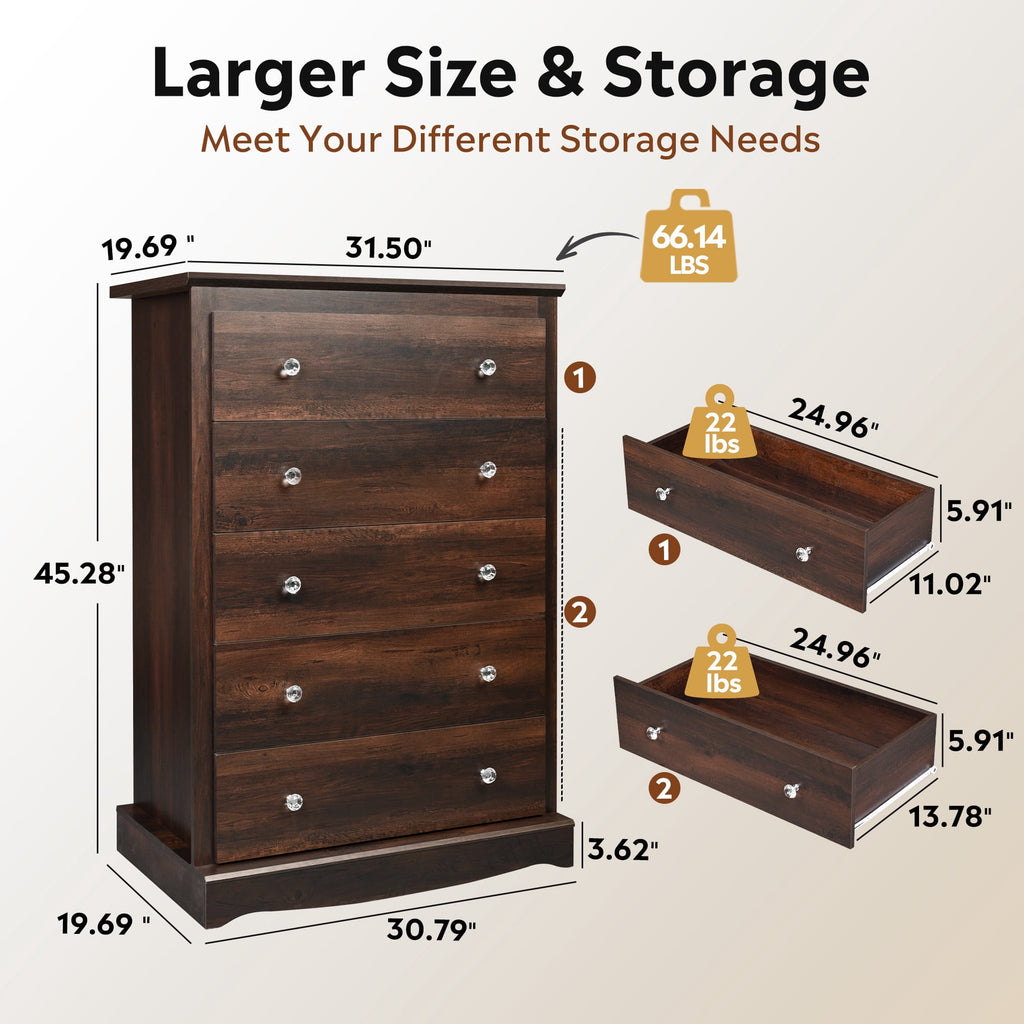 GALAXHERO 5 Drawer Dresser for Bedroom, Retro Wood Chest of Drawers, Tall Dresser with Round Metal Handle for Living Room, Hallway, Closet