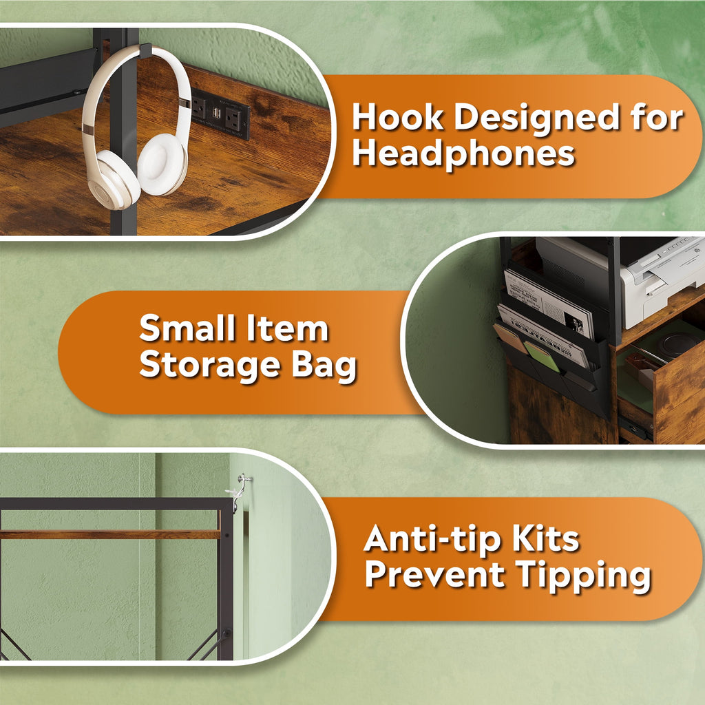 GALAXHERO 2 Drawer File Cabinet with Charging Station, Tall Vertical Filling Cabinet with Lock, Fits Letter/A4/Legal Size, Printer Stand & Adjustable Shelves for Home Office, Rustic Brown