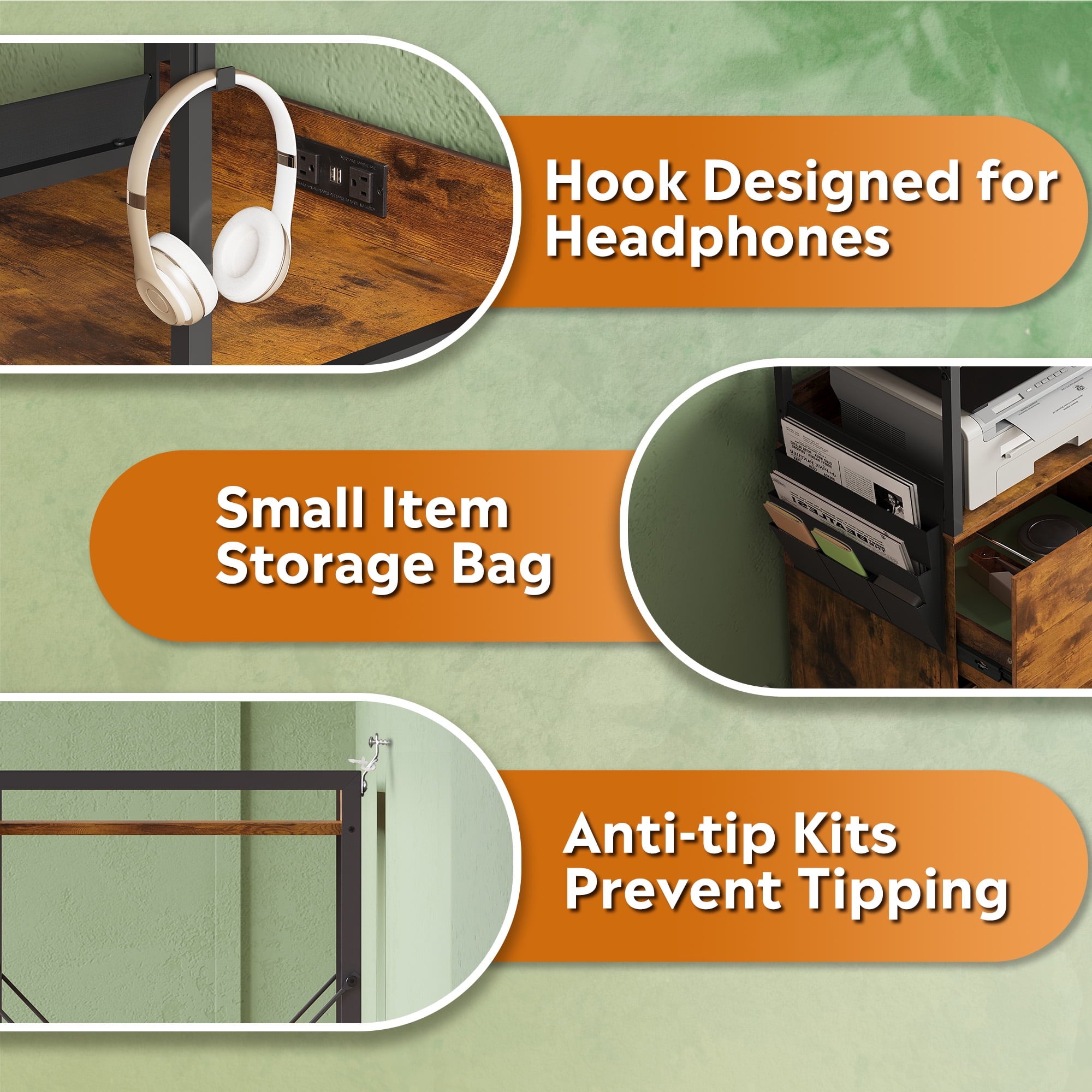 GALAXHERO 2 Drawer File Cabinet with Charging Station, Tall Vertical Filling Cabinet with Lock, Fits Letter/A4/Legal Size, Printer Stand & Adjustable Shelves for Home Office, Rustic Brown