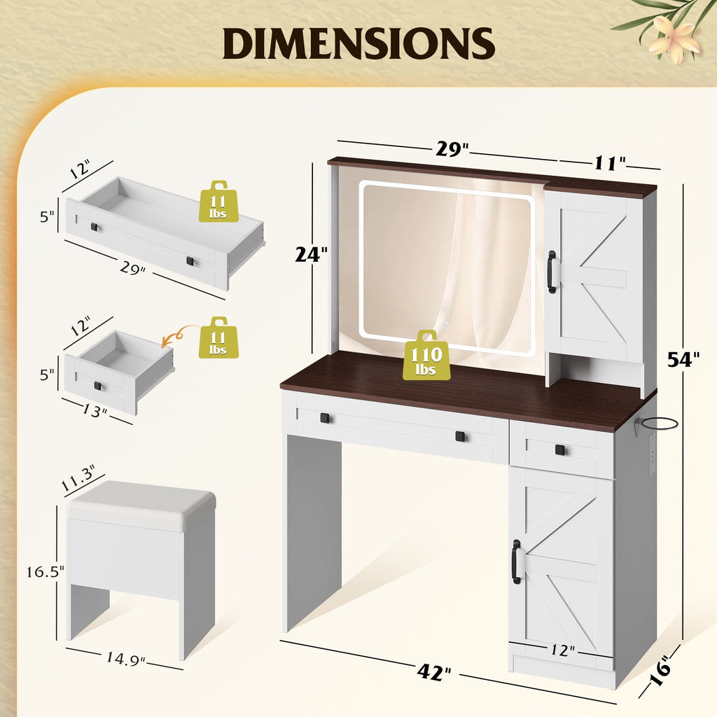 GALAXHERO Farmhouse Vanity Desk, Makeup Table Set with Mirror and Lights, Dressing Table with 2 Drawers and 2 Cabinets, Hair Dryer Holder for Bedroom