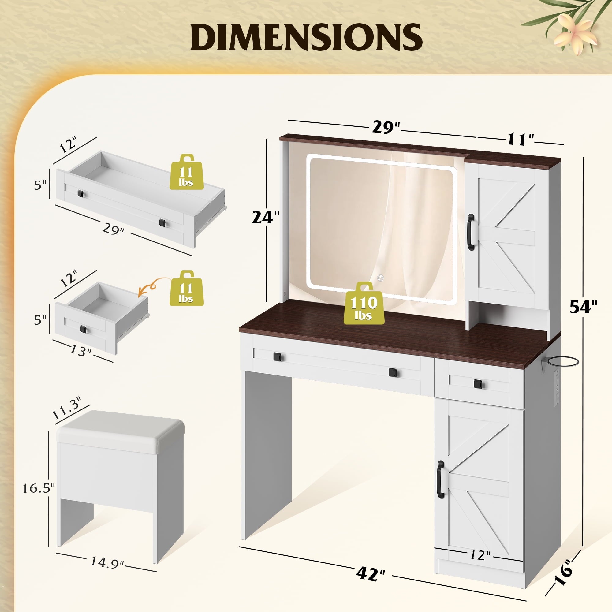 GALAXHERO Farmhouse Vanity Desk, Makeup Table Set with Mirror and Lights, Dressing Table with 2 Drawers and 2 Cabinets, Hair Dryer Holder for Bedroom