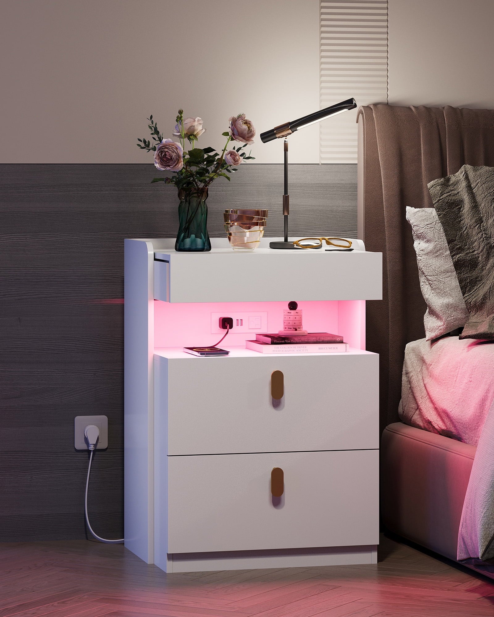 GALAXHERO Nightstand Set of 2 with Charging Station and LED Lights, 2 Drawer Bedside Tables with Sliding Top for Bedroom, Modern End Table for Living Room, White