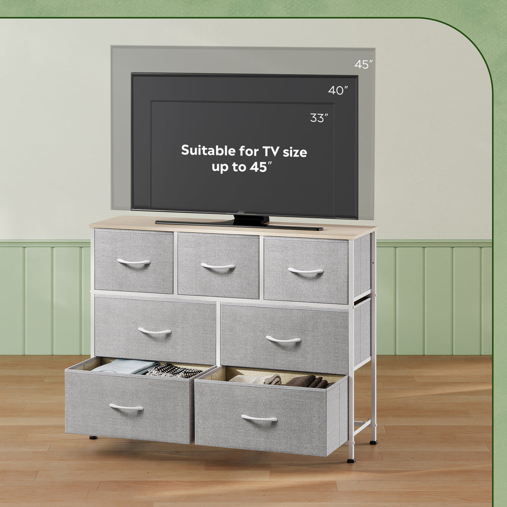 GALAXHERO 7 Drawer Dresser, TV Stands for 45" TV, Chest of Drawers with Fabric Bin for Bedroom, Living Room, Entryway