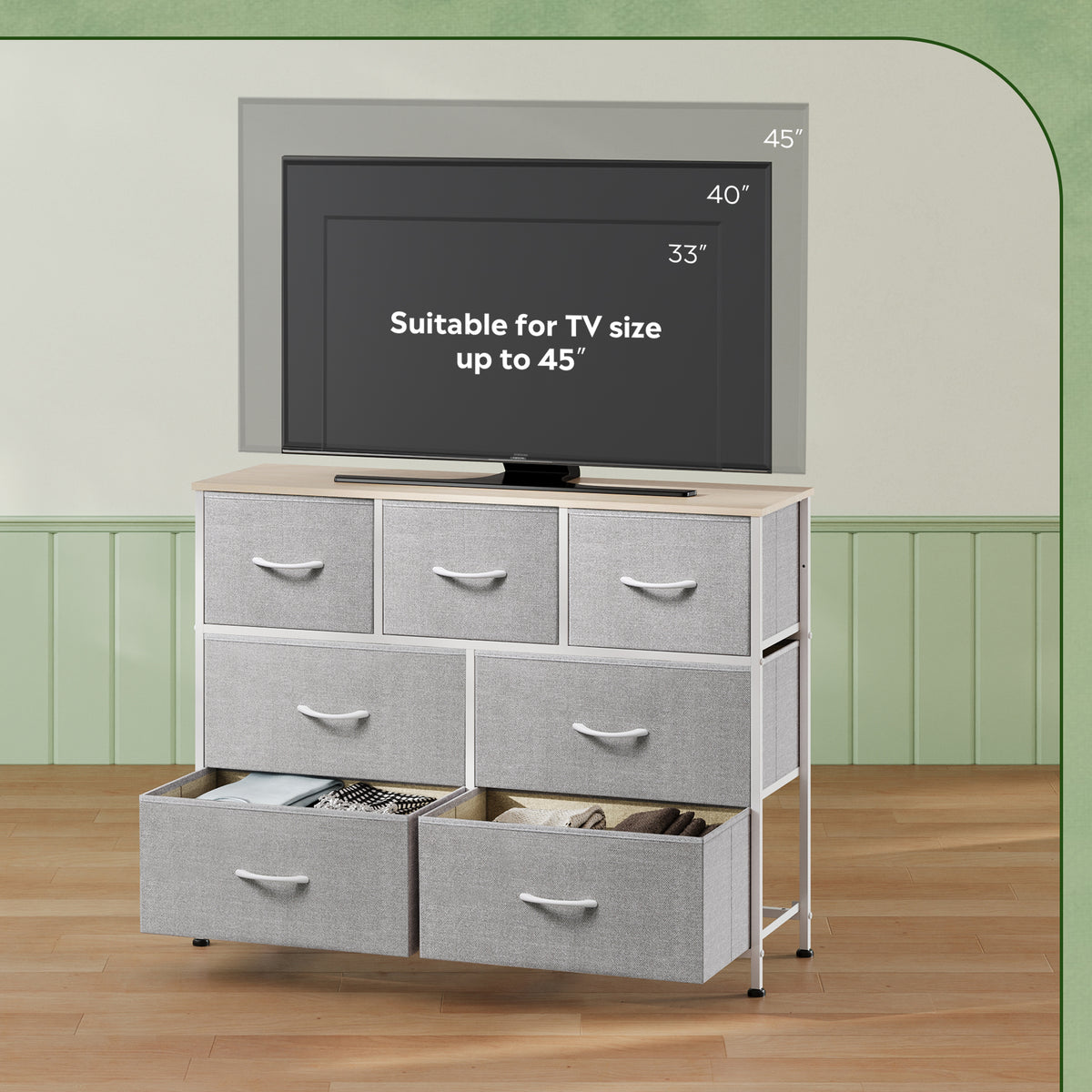 GALAXHERO 7 Drawer Dresser, TV Stands for 45" TV, Chest of Drawers with Fabric Bin for Bedroom, Living Room, Entryway