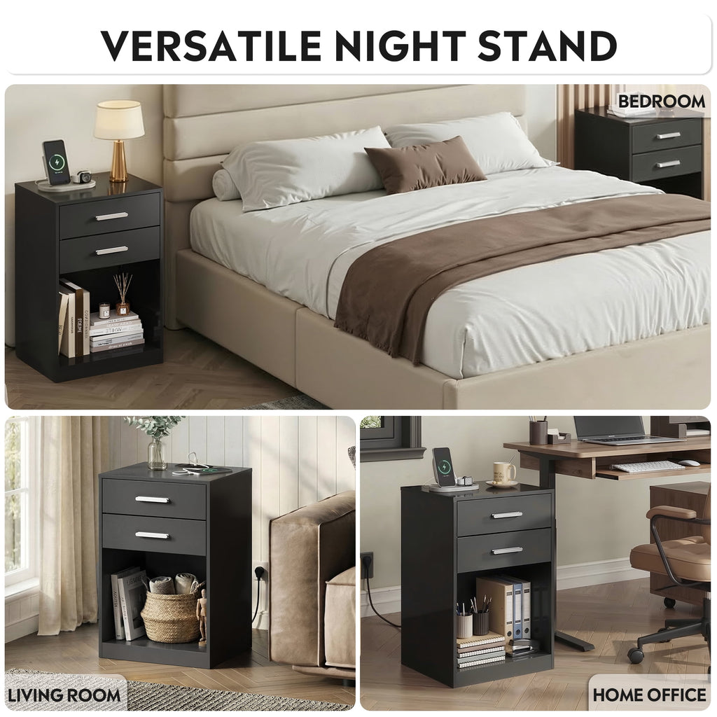 GALAXHERO Nightstand Set of 2 with Charging Station and 2 Drawers, Wood Bedside Table End Table with Open Shelf for Bedroom, Living Room