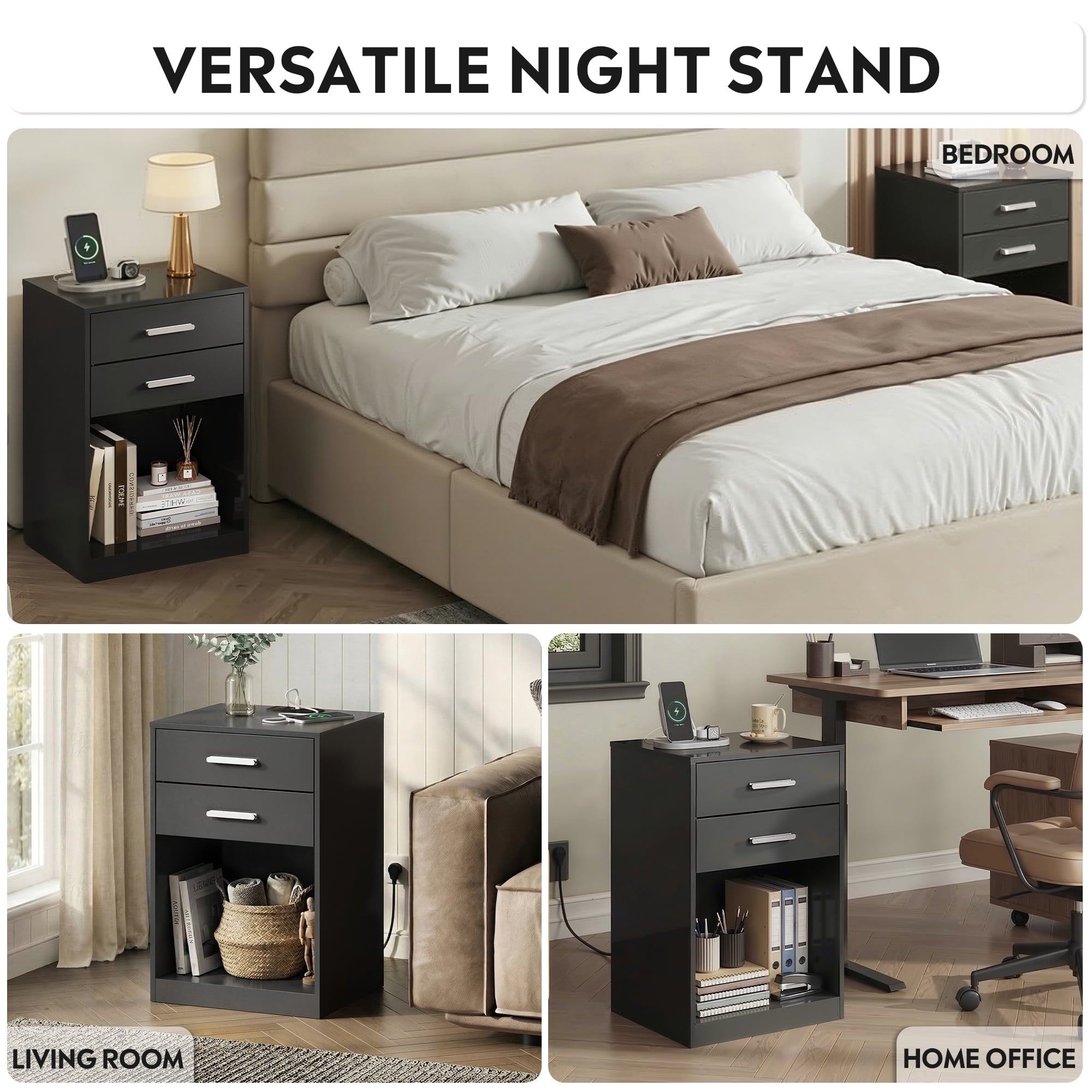 GALAXHERO Nightstand Set of 2 with Charging Station and 2 Drawers, Wood Bedside Table End Table with Open Shelf for Bedroom, Living Room