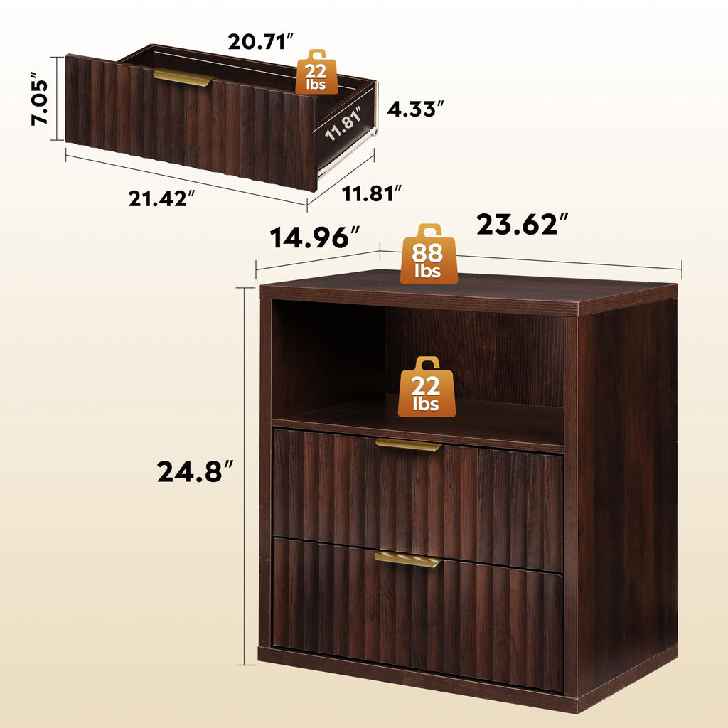 GALAXHERO 2 Drawer Nightstands Set of 2, Wood Fluted End Table with Open Shelf, Mid Century Modern Bedside Tables for Bedroom, Living Room, Espresso