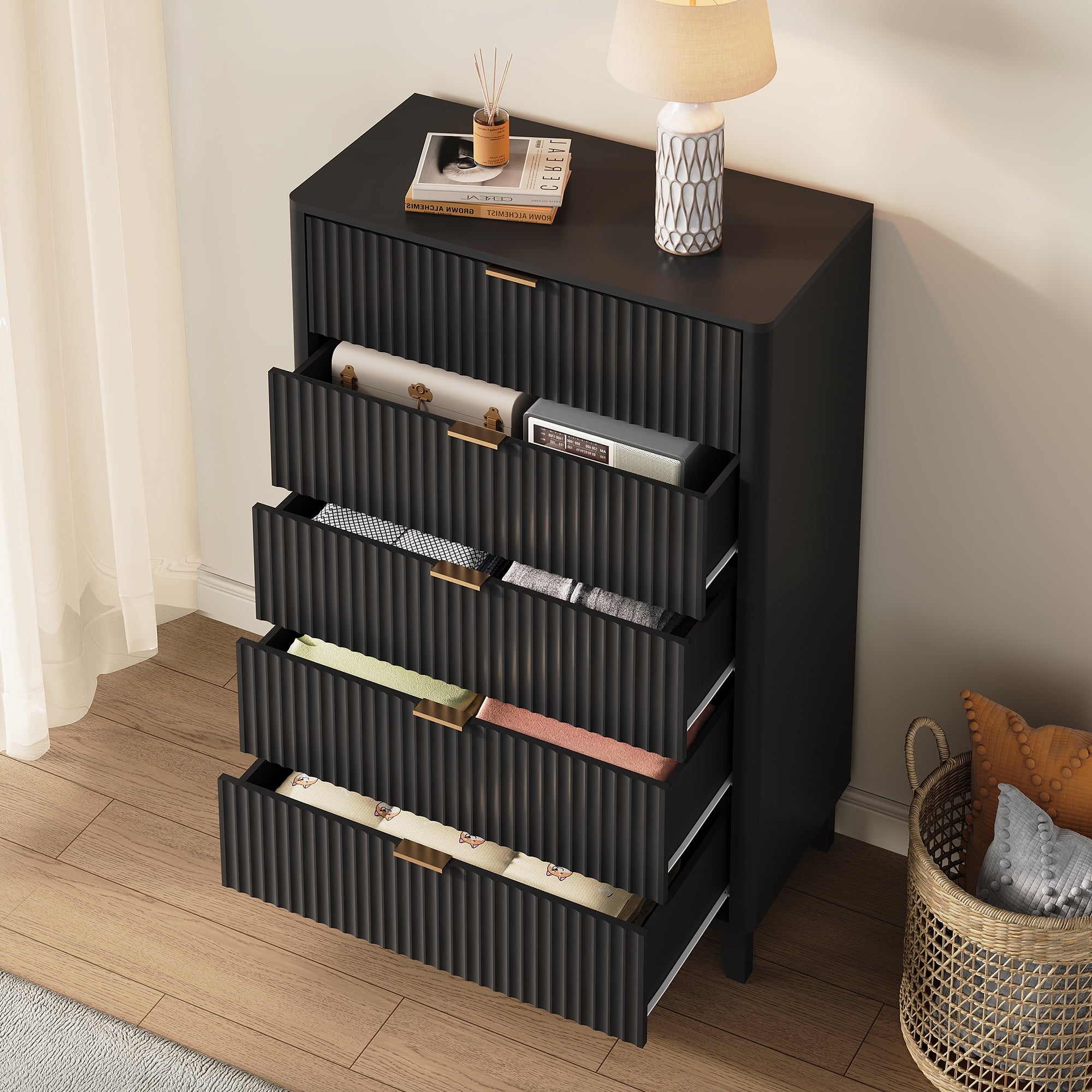 GALAXHERO 5 Drawers Dresser, Fluted Tall Dresser with Golden Metal Handles, Modern Chest of Drawers for Bedroom, Living Room, Hallway, Closet