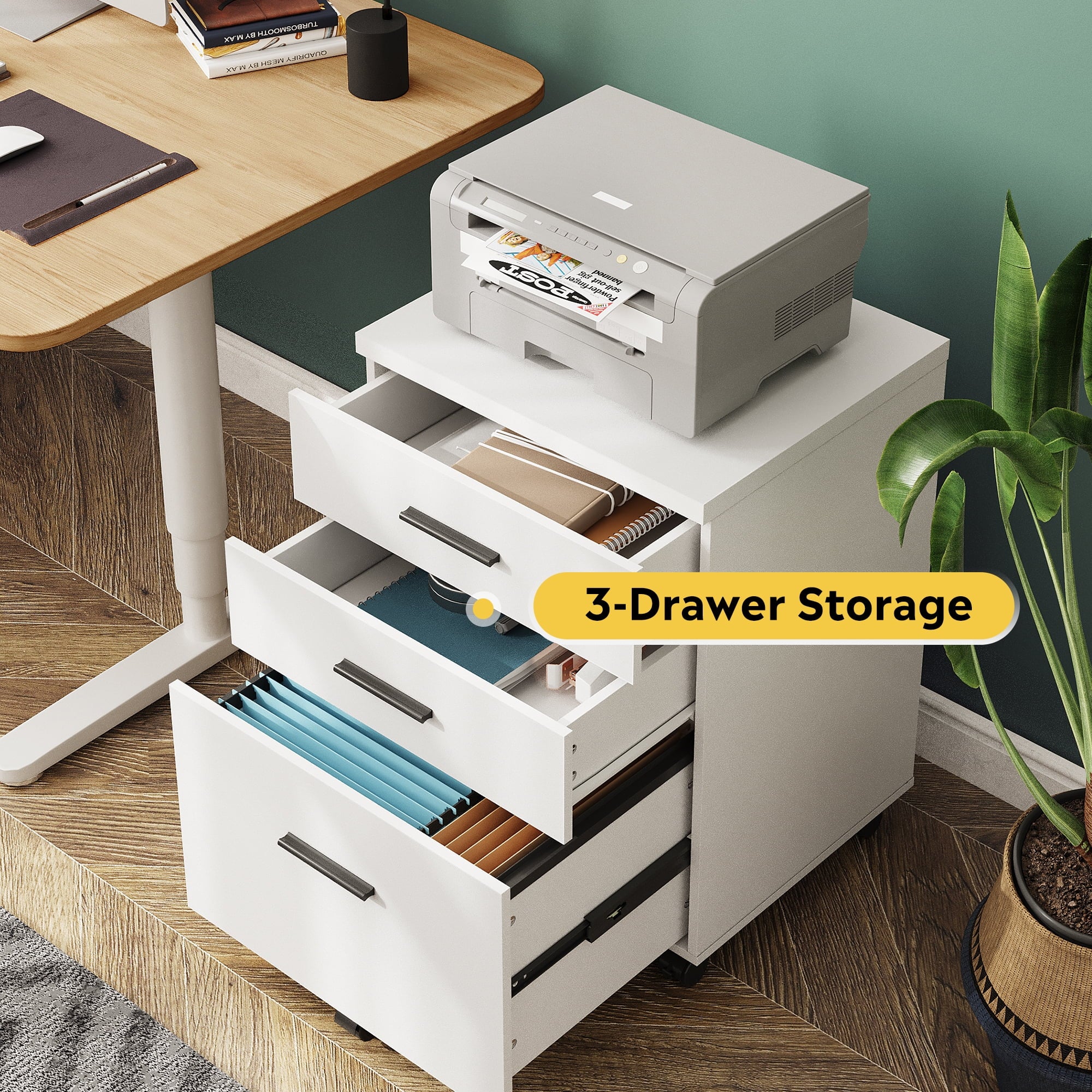 GALAXHERO 3-Drawer Wood File Cabinet, Rolling Under Desk Filing Cabinet for Home Office, Printer Stand with Wheels, White