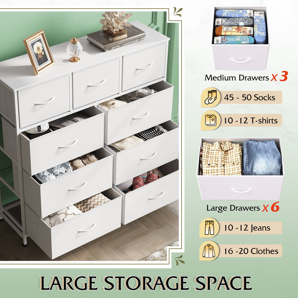 GALAXHERO 9-Drawer Fabric Dresser, Tall Storage Tower for Bedroom, Hallway, Entryway, Closet, Chest Organizer Unit with Fabric Bins, Steel Frame, Wood Top, Easy Pull Handle, White