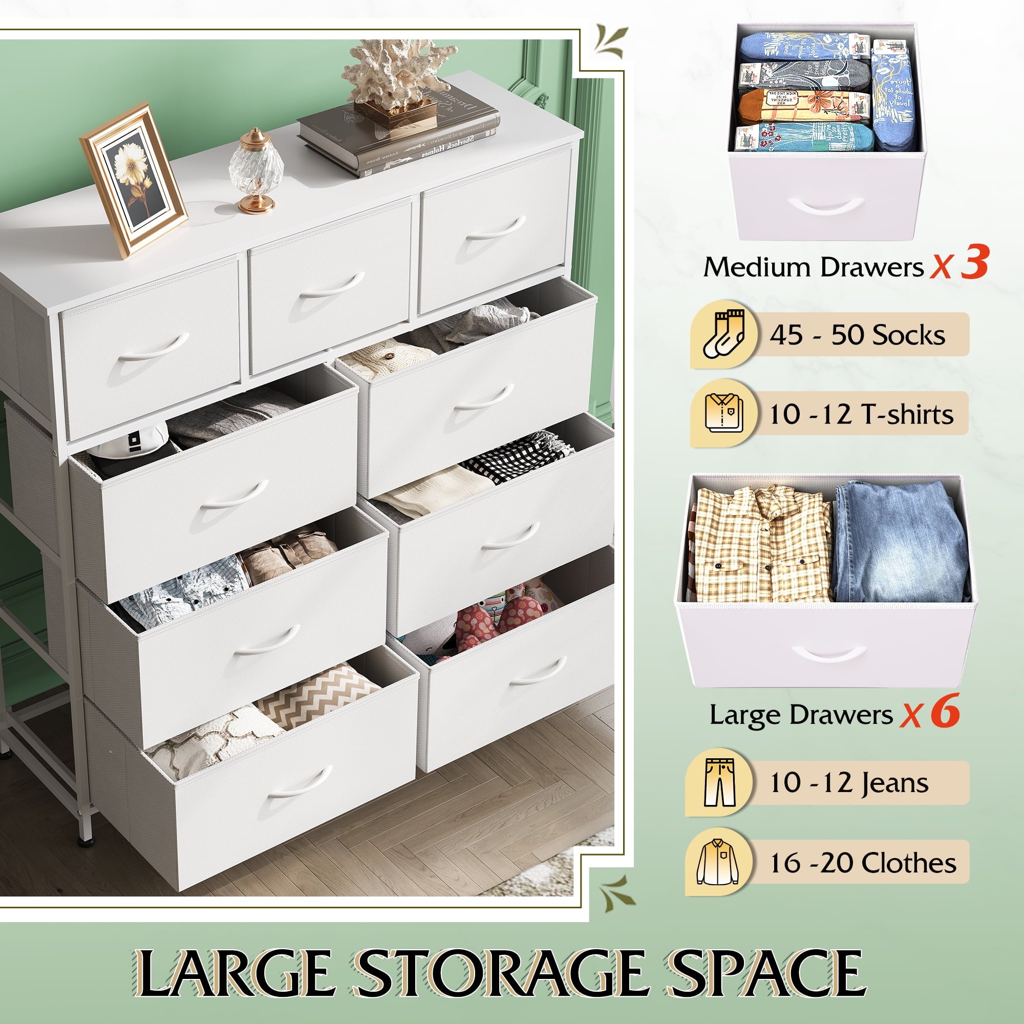 GALAXHERO 9-Drawer Fabric Dresser, Tall Storage Tower for Bedroom, Hallway, Entryway, Closet, Chest Organizer Unit with Fabric Bins, Steel Frame, Wood Top, Easy Pull Handle, White