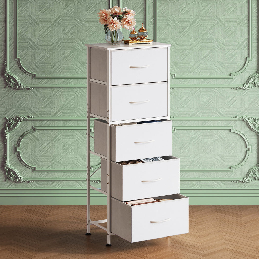 GALAXHERO 5-Drawer Tall Fabric Dresser with Wood Top, Storage Organizer Chest for Bedroom, Closet, Hallway, Sturdy Steel Frame