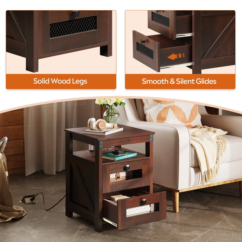 GALAXHERO Nightstand with Charging Station, Farmhouse End Table, Bed Side Table with 2 Storage Drawers and Open Shelf, Wood Rustic Nightstands for Bedroom