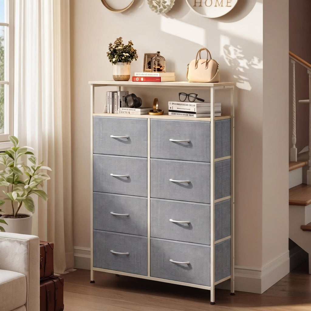 GALAXHERO 8-Drawer Fabric Dresser with Open Shelves, Tall Chest of Drawers with Wooden Top, Storage Tower for Entryway, Bedroom & Closet