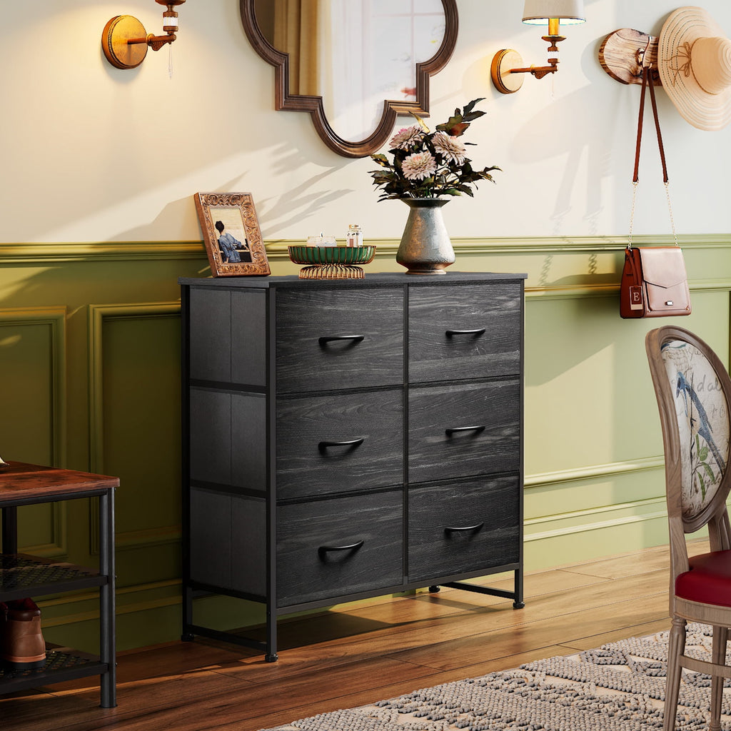 GALAXHERO 6 Drawer Dresser, Black Fabric Double Dresser, Storage Tower with Fabric Bins, Chest of Drawers for Bedroom, Closet, Living Room, Hallway