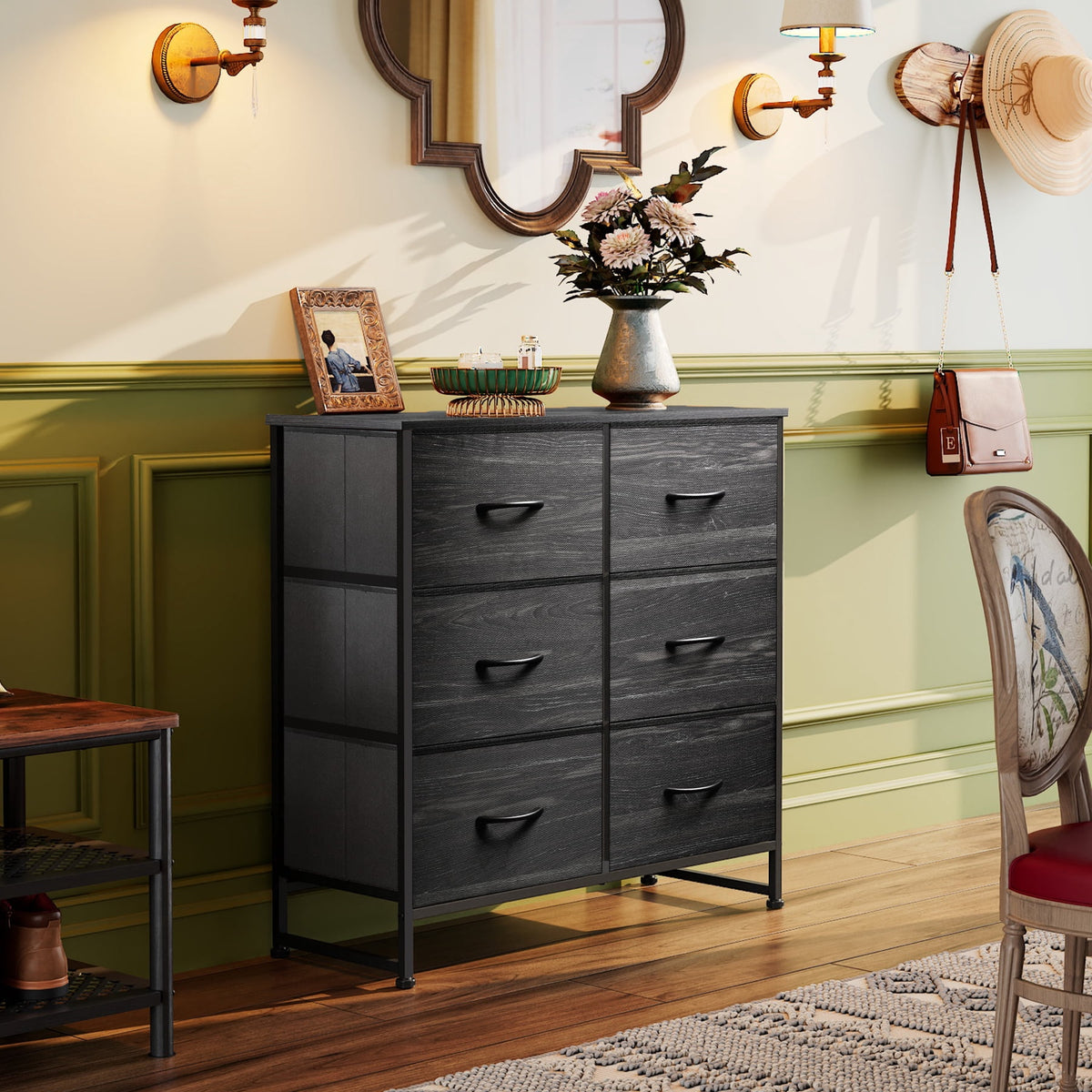 GALAXHERO 6 Drawer Dresser, Black Fabric Double Dresser, Storage Tower with Fabric Bins, Chest of Drawers for Bedroom, Closet, Living Room, Hallway
