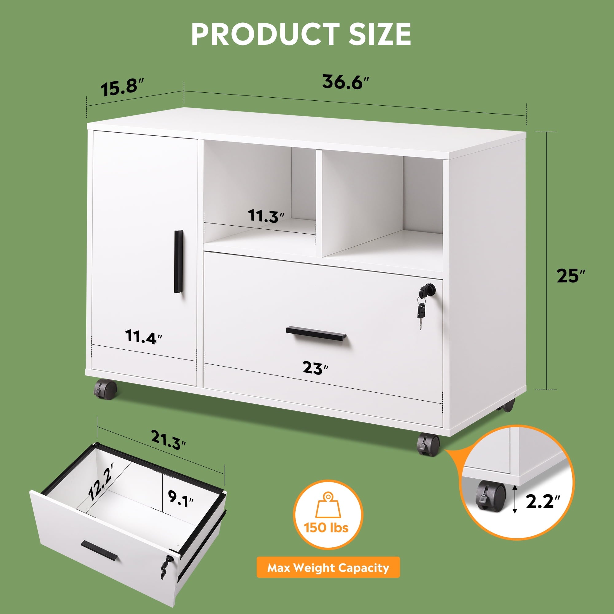 GALAXHERO Lateral File Cabinet with Lock, Rolling Wood Cabinet for Home Office, Printer Stand with Shelf, Fit Legal/A4 Size