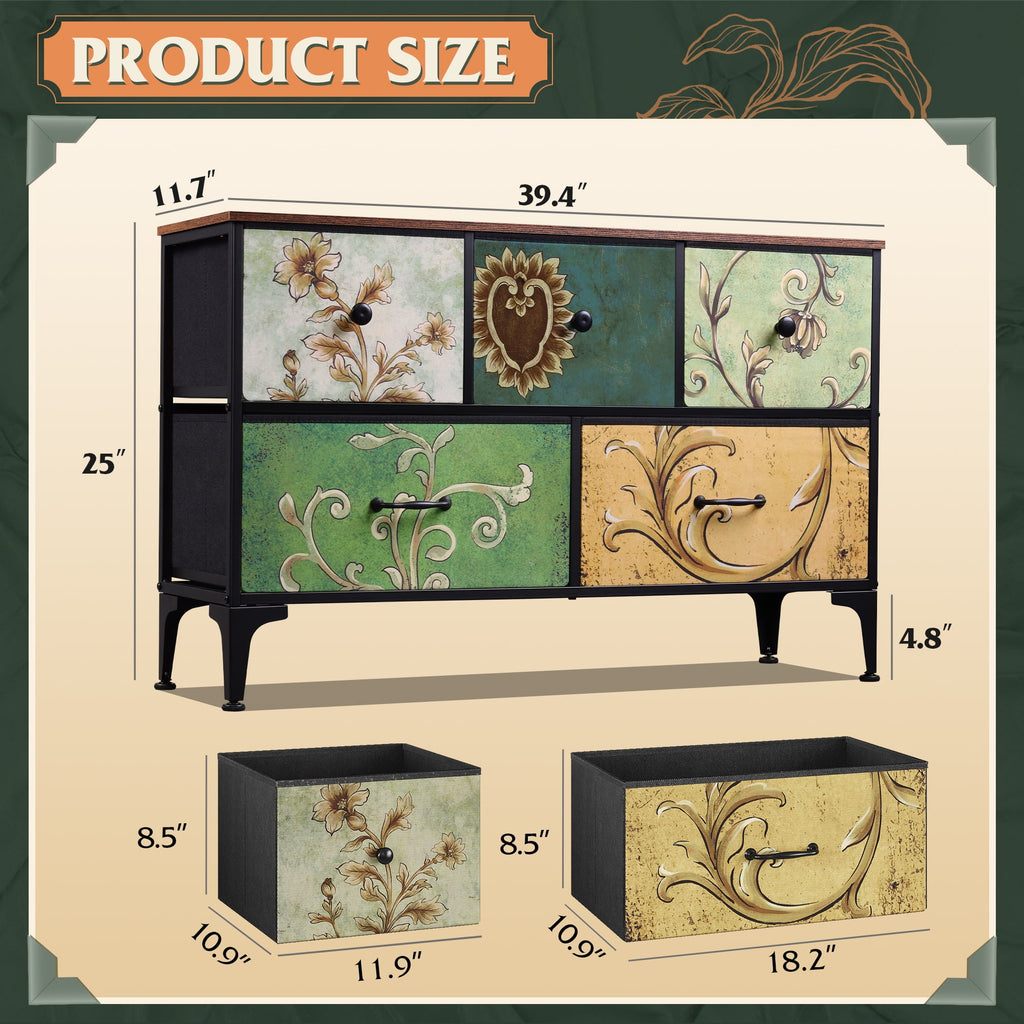 GALAXHERO 5-Drawer Wide Fabric Dresser Storage Organizer Unit, Chest of Drawers with Fabric Bins for Bedroom, Closet, Living Room, Hallway, Floral Painted