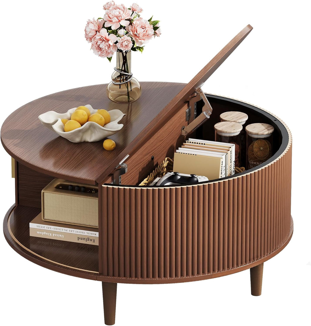 GALAXHERO Coffee Table, 31.5" Round Coffee Tables with Storage and Sliding Cabinet Door, Mid Century Modern Fluted Center Table for Living Room, Small Space