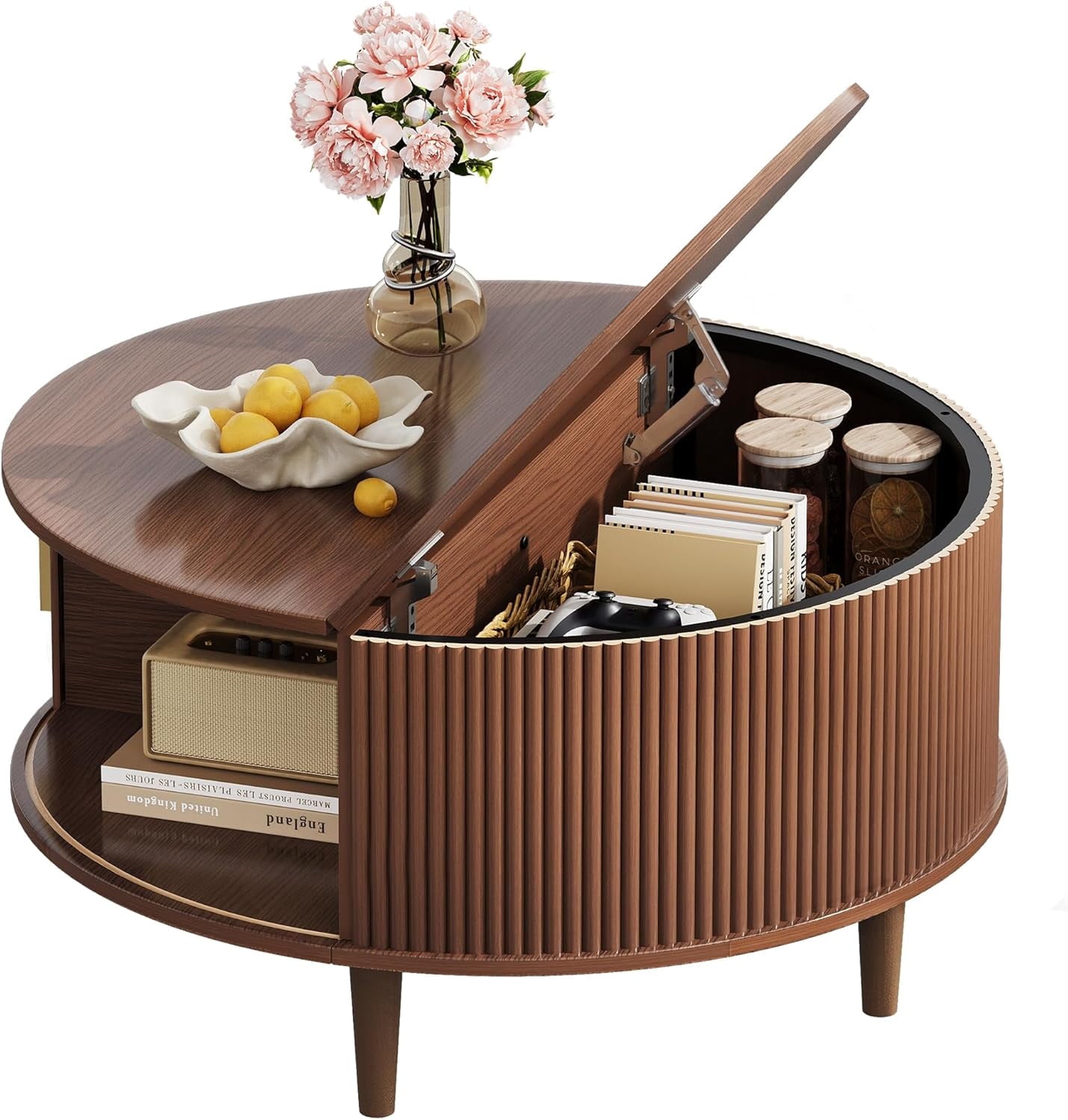 GALAXHERO Coffee Table, 31.5" Round Coffee Tables with Storage and Sliding Cabinet Door, Mid Century Modern Fluted Center Table for Living Room, Small Space