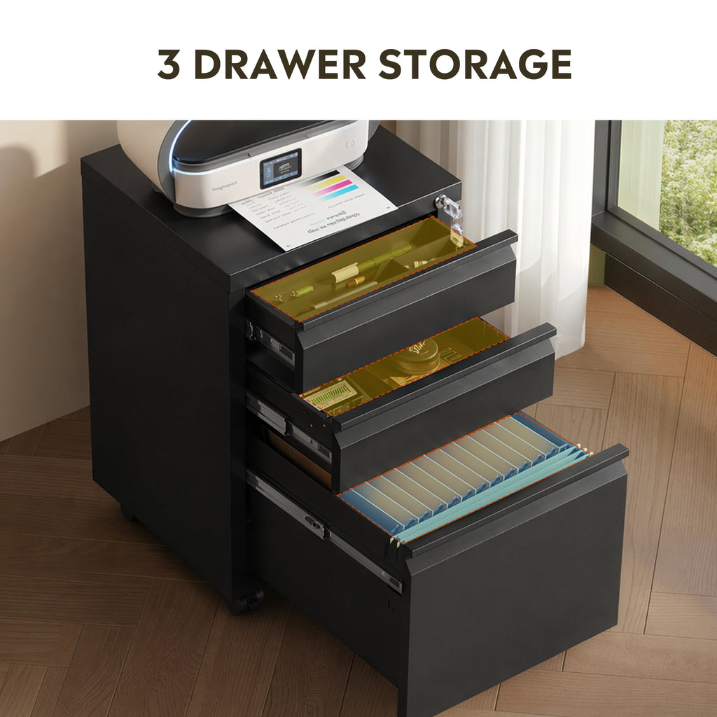 GALAXHERO 3 Drawer Metal File Cabinet with Lock(No Assembly), Mobile Printer Cabinet & Small Under Desk Filing Cabinet for Home Office, Fits Legal/Letter/A4