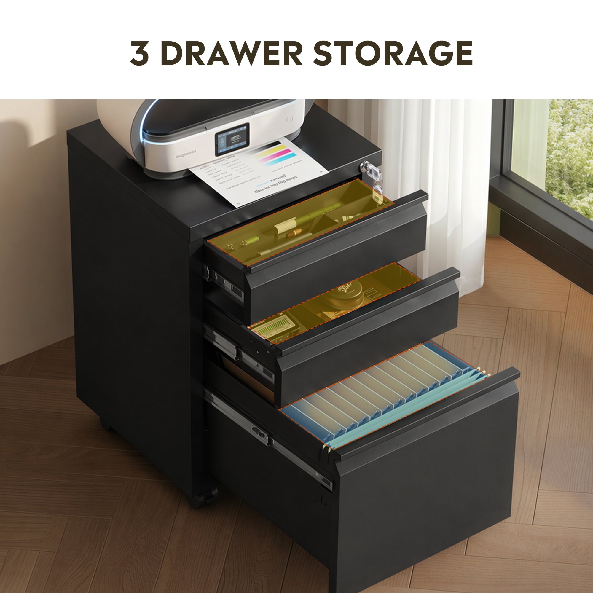 GALAXHERO 3 Drawer Metal File Cabinet with Lock(No Assembly), Mobile Printer Cabinet & Small Under Desk Filing Cabinet for Home Office, Fits Legal/Letter/A4