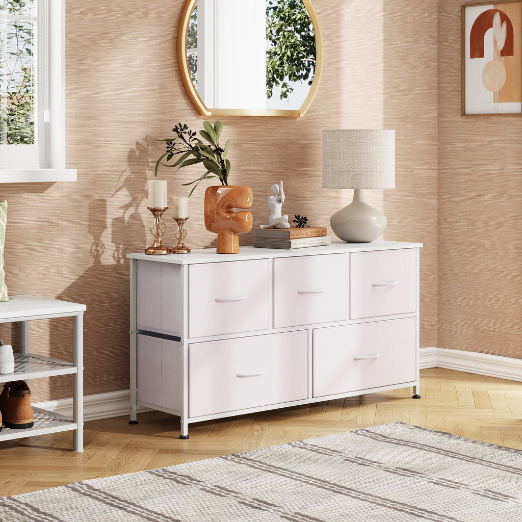 GALAXHERO 5-Drawer Dressers for Bedroom, Wide Chest of Drawers Nightstand Storage Tower with Fabric Bins for Closet, Living Room, Hallway