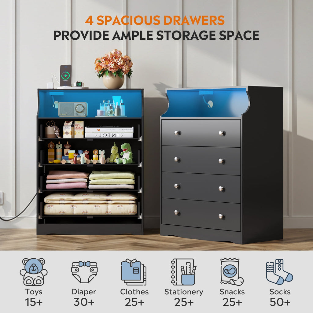 GALAXHERO 4 Drawers Dresser for Bedroom, Tall  Dressers with LED Open Shelf, Modern Chest of Drawers with Charging Station, Wood Closet Clothes Organizer Storage Cabinet