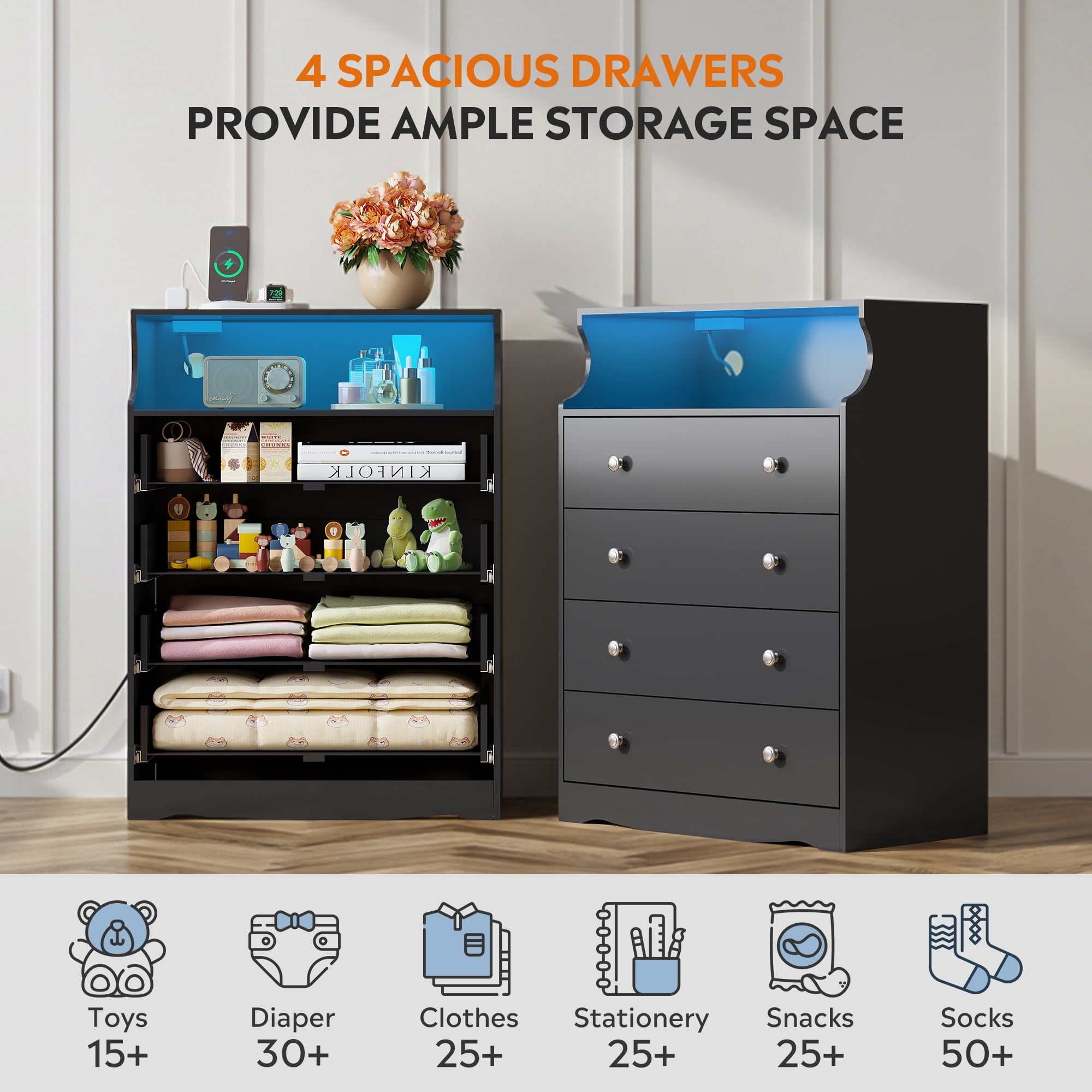 GALAXHERO 4 Drawers Dresser for Bedroom, Tall  Dressers with LED Open Shelf, Modern Chest of Drawers with Charging Station, Wood Closet Clothes Organizer Storage Cabinet