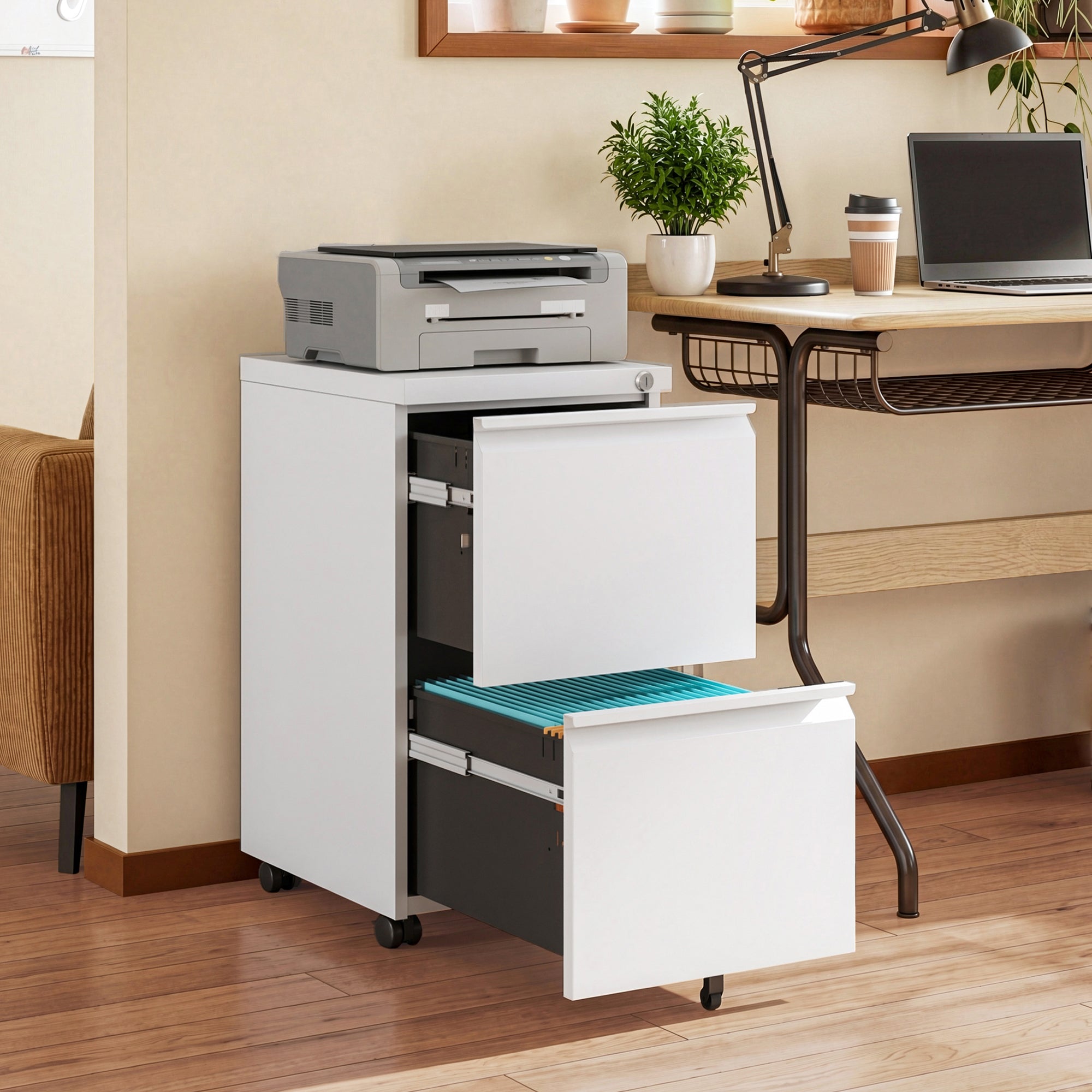 GALAXHERO 2 Drawer File Cabinet with Lock(No Assembly), Metal Storage Cabinets with Wheels for Home Office, Letter/A4/Legal Files, White